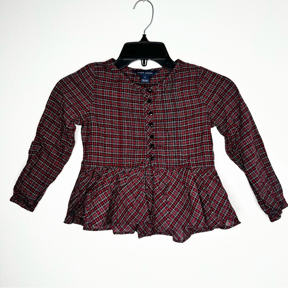 Ralph Lauren Girls Size 5 Red Plaid Long Sleeve Button Down Holiday Top EUC